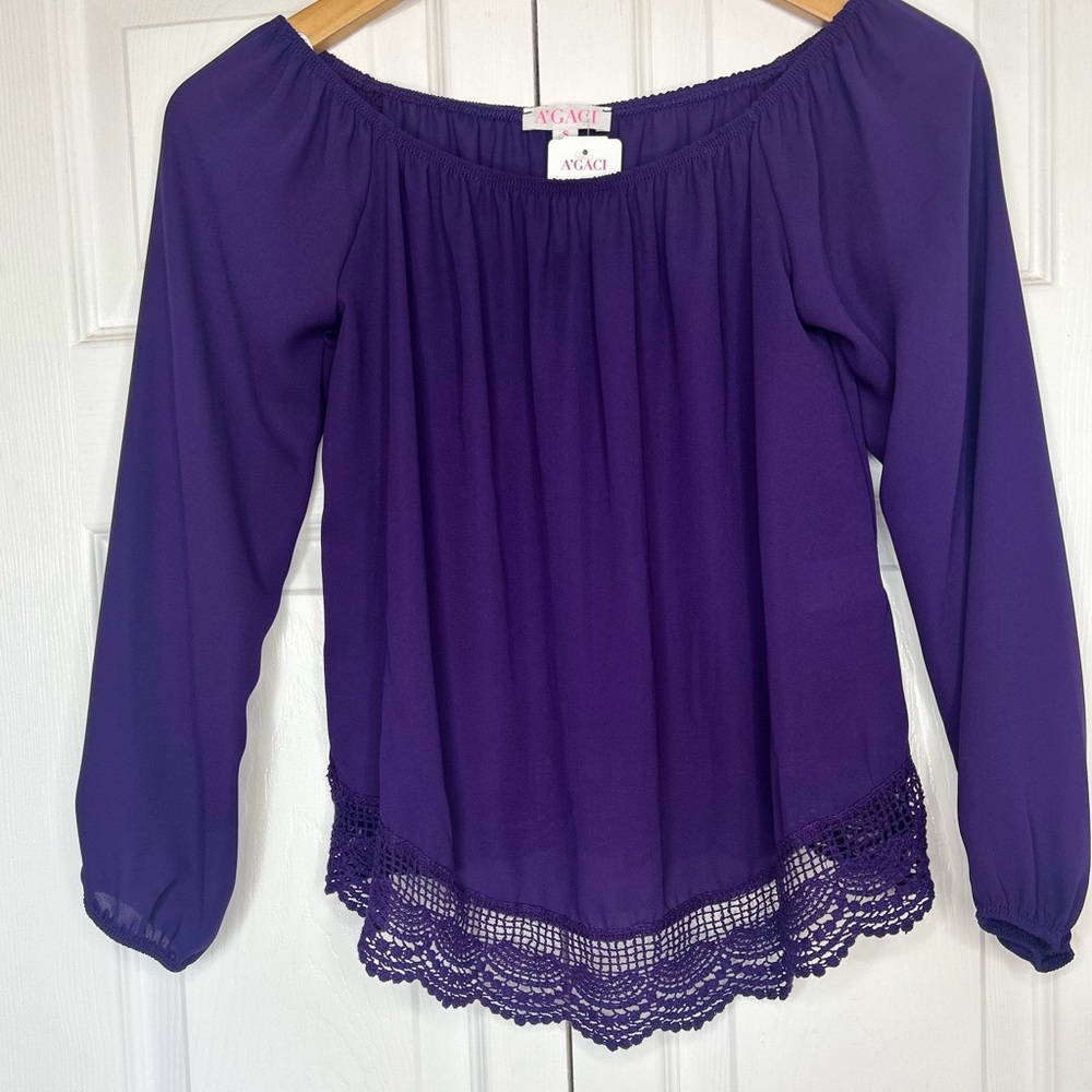A'gaci Purple Smocked Ruffled 3/4 Sleeve Blouse
